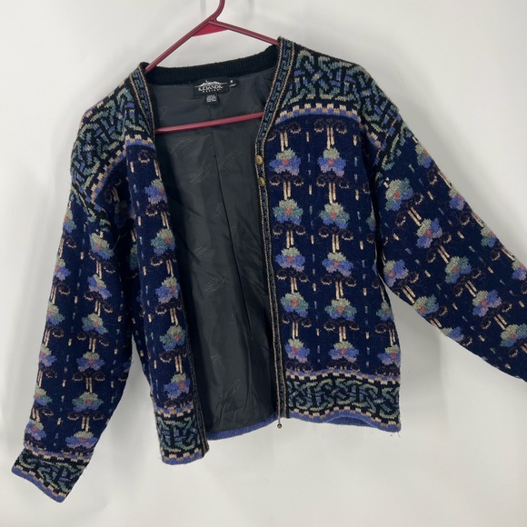 Icelandic design vintage wool, zip front lined sweater floral print jacket M - Picture 4 of 11